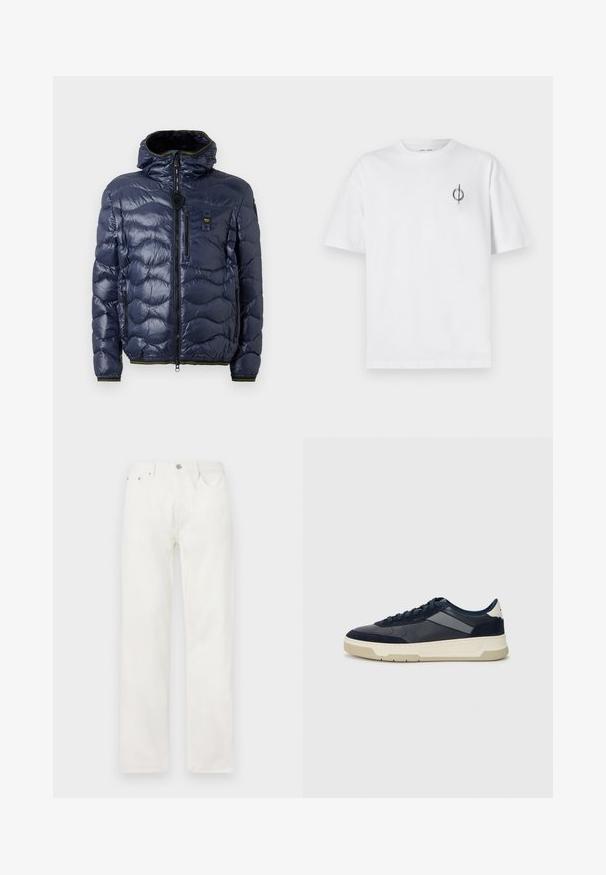 Tumesinine puffjakker, millel on läikiv viimistlus, tikandmustriga, tõmblukuga kinnitamine, eemaldatav kapuuts ja küljetaskud. Omab musti ja kollaseid detaile.; Valge puuvillane t-särk lõdva sobivusega, millel on vasakul rinnal väike must graafiline logo. Lühikesed varrukad, ümmargune kaelus.; Valged denim teksad sirge lõikega, nööbi ja tõmblukuga sulgemine, viie taskuga disain ning ilma nähtavate mustrite või aktsentideta.; BOSS BALTIMORE - Tossud - open blue