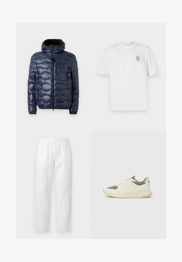 Tengerészkék pufi dzseki fényes felülettel, steppelt mintával, cipzáros záródással, levehető kapucnival és oldalsó zsebekkel. Fekete és sárga kiegészítőkkel rendelkezik.; Fehér pamut póló laza szabással, kis fekete grafikai logóval a bal mellen. Rövid ujjak, kerek nyakkivágás.; Fehér lenvászon nadrág, rugalmas derékpánttal, egyenes szárú szabással és lágy tapintású anyaggal, minták vagy látható díszítőelemek nélkül.; Fehér és világos bézs sportcipő, légies hálós felsőrésszel, perforált részletekkel és texturált középtalppal, amelyen a saroknál a márka logója található.