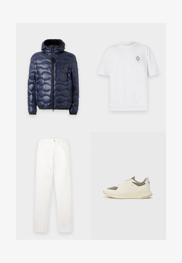 Chaqueta tipo plumón navy con acabado brillante, patrón acolchado, cierre por cremallera, capucha ajustable y bolsillos laterales. Cuenta con acentos en negro y amarillo.; Camiseta de algodón blanca con un corte relajado, con un pequeño logotipo gráfico negro en el área del pecho izquierdo. Mangas cortas, estilo cuello redondo.; Pantalones blancos hechos de una tela suave, con un diseño de pierna recta, pliegues en la parte frontal y un cierre de botón en la cintura.; Zapatilla deportiva en blanco y beige claro, con parte superior de malla, detalles perforados y una mediasuela texturizada con la marca en el talón.