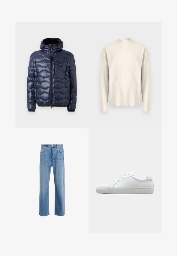 Granatowa kurtka puchowa z błyszczącym wykończeniem, z wzorem pikowanym, zapięciem na zamek, odpinanym kapturem i kieszeniami bocznymi. Zawiera czarne i żółte akcenty.; Koszula z długim rękawem o stójce w jasnokremowym kolorze, wykonana z bawełny. Gładka tekstura, luźny krój, minimalistyczny design, bez widocznych wzorów i akcentów.; Jasnoniebieskie dżinsy o prostym kroju, pięć kieszeni, zapięcie na guzik, minimalne blaknięcia i kontrastowe wykończenia szwów.; Białe sneakersy z gładką skórzaną cholewką i niskim profilem. Posiadają okrągły nos, sześć dziurek na sznurówki oraz teksturowaną gumową podeszwę.