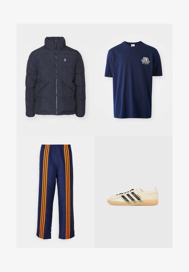 Casaco puffer azul marinho com gola alta, fecho éclair frontal e bolsos laterais. Apresenta secções acolchoadas e um pequeno logotipo no peito.; T-shirt de algodão azul marinho com mangas curtas, gola redonda e logótipo bordado com detalhes de louros no lado esquerdo do peito.; Calças de pista azuis com um padrão total e riscas laranja nas laterais, apresentando uma cintura elástica confortável e um corte solto.; Sapatilhas de creme claro com design de três riscas pretas, parte superior texturizada, bico redondo e sola de borracha. Apresenta atacadores e uma marca na lateral.