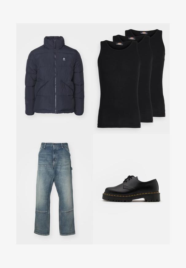 Tamsiai mėlynas pūkinis paltas su stovinčiu apykakle, užtrauktuku priekyje ir šoninėmis kišenėmis. Yra siuvinėtos dalys ir maža logo ant krūtinės.; Juodi maikutai trijų pakuotėje. Raštuota tekstūra, standartinė apvalia iškirpte, be rankovių. Apačia papuošta mažuoju prekės ženklu.; Šviesiai mėlynos džinsinės kelnės su laisvu kirpimu, pagamintos iš džinsinio audinio. Funkcijos plačios kojos, didelės priekinių kišenių ir kontrastingos siuvimo detalės.; Juoda odinė lakuota avalynė su apvaliu pirštu, tekstūruota gumine padu ir geltona siūlelių apdaila aplink bazę. Lygus dizainas ir glotnus paviršius.