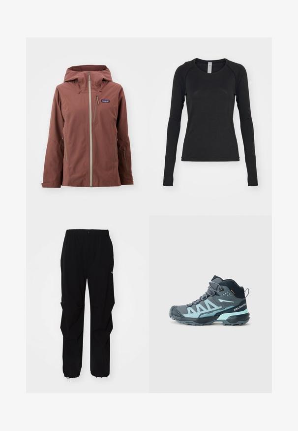 Vandafvisende brun jakke med hætte, der har lynlåslommer og kontrasterende lys grå lynlåse. Lavet af blødt, tekstureret stof.; Langærmet skjorte i sort, lavet af blødt stof. Har rund hals og raglanærmer med tommelfingerhuller ved manchetterne. Minimalistisk design.; Sorte udendørsbukser lavet af slidstærkt materiale, med en afslappet pasform, elastisk talje og tilpassede lukninger ved anklerne for justerbar længde.; Mellemhøj hiking sko i mørkegrå med lyseblå accenter. Har en tekstureret overdækning, forstærket tå og en robust ydersål for bedre greb.