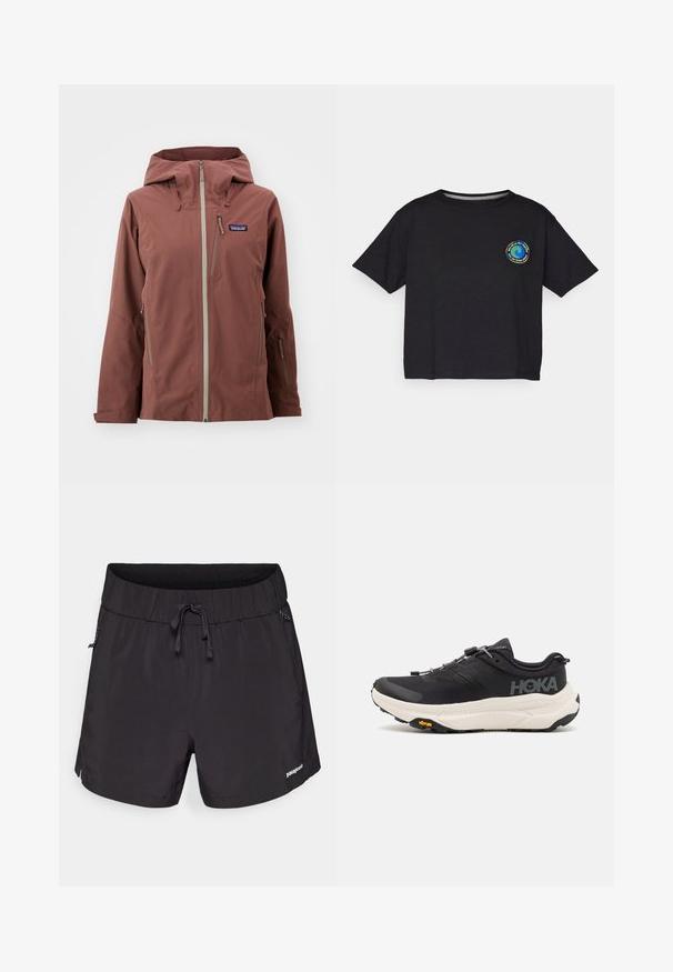 Water-resistant brown jacket with a hood, featuring zippered pockets and contrasting light gray zippers. Made from soft, textured fabric.; Black cotton short-sleeve T-shirt featuring a circular multicolored logo on the chest. Straight hem and relaxed fit.; Black swim shorts made from lightweight fabric, featuring an elastic waistband, drawstring, and side pockets for functionality.; Black athletic shoes with a breathable mesh upper, rubber outsole, white cushioning midsole, and reflective laces. Vibram logo on outsole.