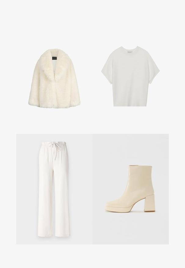 LIU JO Vinterkappa /-rock - beige; Vit kortärmad t-shirt med bred rund halsringning och texturerad ribbad mönster, tillverkad av mjukt material, med avslappnad passform och en ren design.; Vita vida byxor i mjukt tyg, med resår och snörning i midjan samt en slät yta. Inga mönster eller dekorationer synliga.; Beige läder ankle boot med klack och plattformssula, slät yta och lätt fyrkantig tå som vänder vänster på vit bakgrund.