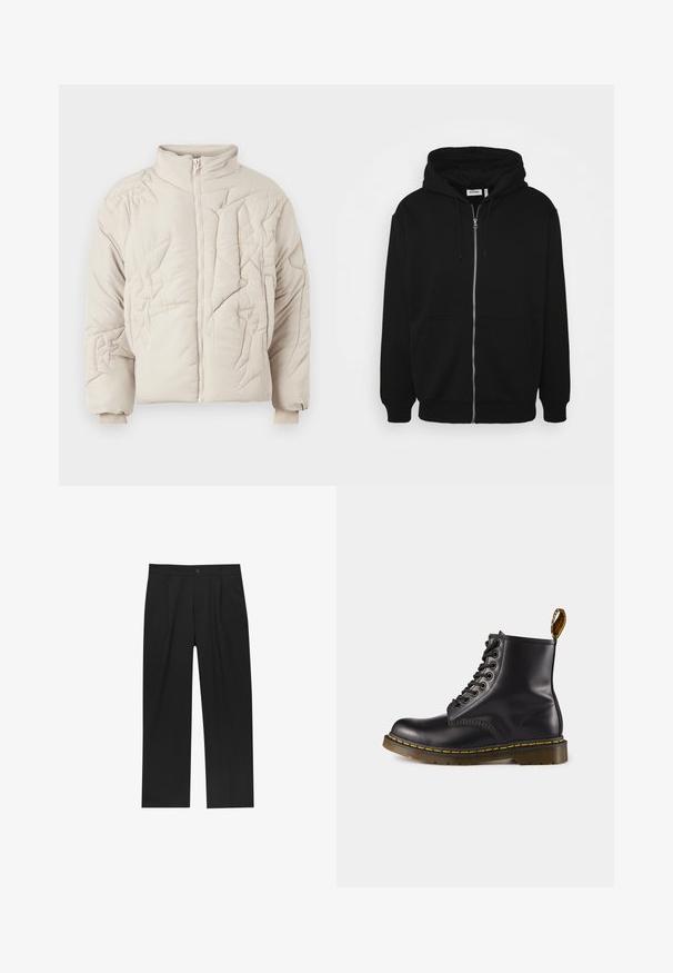 Bež jakna s kvadratnim uzorkom i visokim ovratnikom, s teksturiranim šavovima i zatvaranjem na zip. Manžetne su elastične za udoban fit.; Crna zip-up majica s kapuljačom na vezanje, prednjim džepovima, rebrastim manžetama i glatkom teksturom tkanine. Središnja oznaka brenda vidljiva iznutra.; Crna majica kratkih rukava od pamuka. Ima okrugli izrez i opušteni kroj. Jednostavan dizajn bez vidljivih uzoraka ili akcentskih detalja.; Crne hlače ravnog kroja, izrađene od glatkog materijala. Imaju prednje nabore i jedan dugme na struku.; Crne kožne čizme do gležnjeva s žutim šavovima, vezanje sprijeda, zaobljenim vrhom i teksturiranom gumenom petom. Sadrže petlju za vuču straga.
