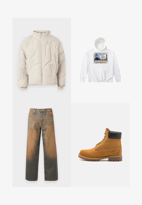 Chaqueta acolchada beige con cuello alto, con costuras texturizadas y cierre de cremallera. Los puños son elásticos para un ajuste ceñido.; Sudadera blanca con un gran diseño de tarjeta de identificación impresa en azul, amarillo y negro, con un bolsillo frontal y capucha con cordones.; Jeans de pierna ancha en denim azul y marrón desgastado. Presentan una cinturilla alta, bolsillos delanteros y un cierre de botón clásico con acentos metálicos.; Botín de ante marrón claro con collar acolchado negro, ojales de metal dorado, detalles de costura blanca y suela de goma resistente con tacos pronunciados.