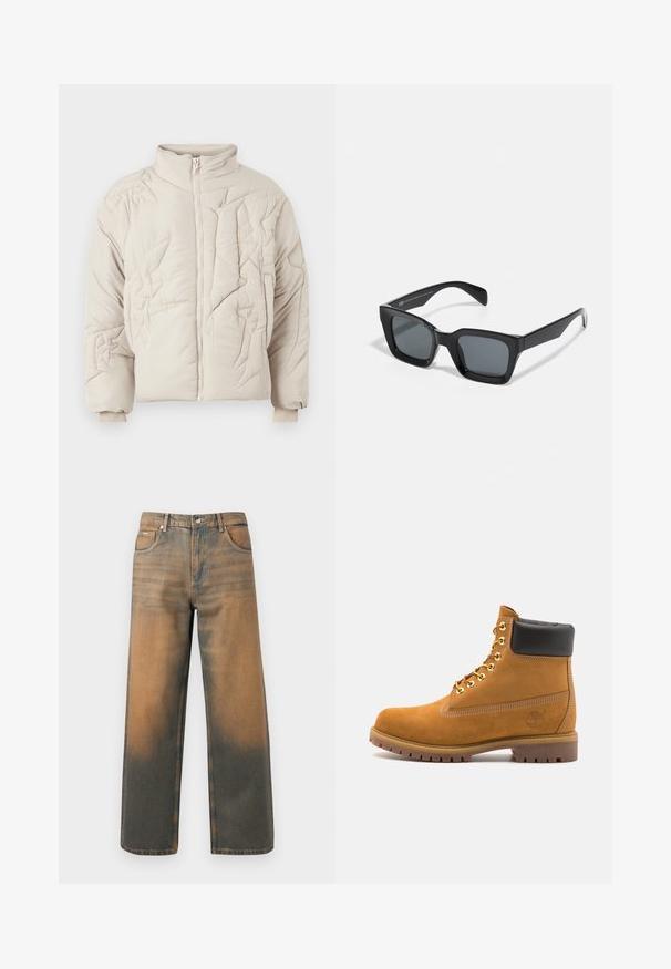 Béžová prošívaná bunda s vysokým límcem, vyznačující se texturovaným šitím a zipovým zapínáním. Manžety jsou elastické pro pohodlné nošení.; Bílá mikina s kapucí s velkým potiskem identifikační karty v modré, žluté a černé barvě, s přední kapsou a stahovací šňůrkou.; Džíny s širokými nohavicemi v distressed modré a hnědé denimové barvě. Mají vysoký pas, přední kapsy a klasické zapínání na knoflík se metalickými akcenty.; Hnědé semišové kotníkové boty s černým polstrovaným límcem, zlatými kovovými očky, bílým prošíváním a odolnou gumovou podrážkou s výraznými drážkami.; Černé obdélníkové sluneční brýle s tmavými skly. Plastový rám s lesklým povrchem, široký most a mírně zúžené stranice.