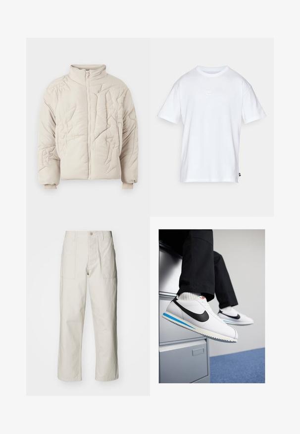 Giacca trapuntata beige con colletto alto, caratterizzata da cuciture testurizzate e chiusura con zip. I polsini sono elasticizzati per una vestibilità aderente.; T-shirt bianco in cotone con maniche corte e colletto tondo. Presenta un piccolo e discreto logo Nike sul petto e un'etichetta laterale.; Pantaloni a gamba larga beige chiaro in cotone. Presentano tasche frontali e chiusura con bottone. Tessuto liscio con sottili linee verticali.; Sneakers in pelle bianca con uno swoosh Nike nero, suola in gomma leggera blu e grigia, e un classico design con lacci. I piedi poggiano su un armadietto.