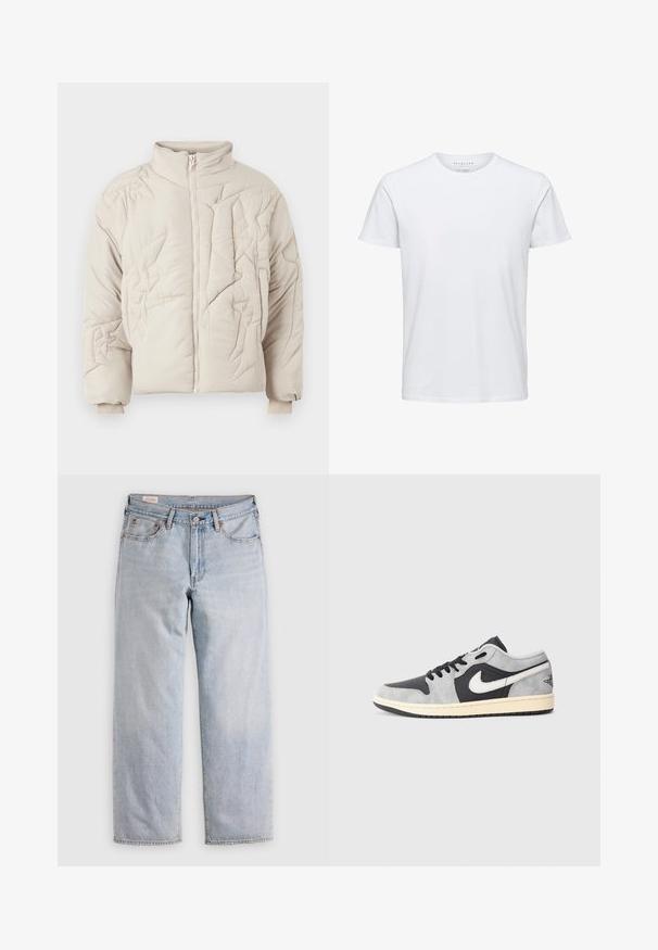 Bežová prešívaná bunda s vysokým golierom, ktorá má štruktúrované švy a zapínanie na zips. Rukávy sú elastické pre lepšie priliehanie.; Biela krátka rukávová tričko vyrobené z mäkkého hodvábu, s obyčajným výstrihom a štandardným strihom, bez vzorov alebo viditeľných kovových súčastí.; Svetlomodré rovné nohavice s vysokým pásom, zapínaním na gombík a prednými i zadnými vreckami, vystavené na rovnej ploche.; Nike Air Jordan 1 Low v šedej a čiernej semišovej farbe s bielymi akcentmi. Obsahuje polstrovanú podrážku a klasické logo Nike swoosh.
