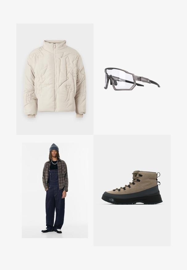 Beige quiltet jakke med høj krave, der har tekstureret syning og lynlås lukning. Ærmerne er elastiske for en tætsiddende pasform.; Langærmet hvid bomulds t-shirt med rund halsudskæring, løs pasform og ribbede manchetter. Enkel design, ingen grafik eller mønstre.; Mørkeblå denim overalls med sidelommer, båret med en sort skjorte og en brun ternet skjorte. Grå strikket beanie og kontrasterende sko.; Tan og sort vandrestøvle med snørebånd, holdbart overmateriale og tekstureret sål for godt greb på forskellige terræner.; Grå sporty solbriller med semi-rimless design, gennemsigtige linser og strukturerede, gummierede tempelmancheter. Har logo på siden.
