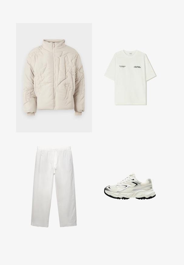Beige gesteppte Jacke mit hohem Kragen, ausgestattet mit strukturiertem Nähen und Reißverschluss. Die Ärmelsäume sind elastisch für eine enge Passform.; Weißes Baumwoll-T-Shirt mit kurzen Ärmeln. Auf der Vorderseite befindet sich schwarzer Text: „NICHT MORGEN NICHT HEUTE“ und „DIE KUNST DES DIRT MOVING“ in grüner Schrift.; Weiße Leinenhose mit elastischem Bund und Kordelzug, weitem Bein-Design und sauberen Nähten. Glatte Textur mit lässiger Passform.; Weiße Sneaker mit einem Obermaterial aus Mesh, silbernen Akzenten, schwarzer Sohle und strukturierten Einsätzen. Verfügt über ein Schnürdesign und eine abgerundete Zehenform.