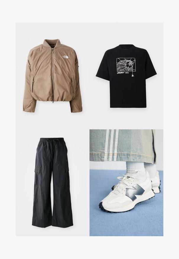 Braune isolierte Bomberjacke mit geripptem Kragen, Frontreißverschluss und Seitentaschen; mit dem weißen Logo auf der linken Brust.; Schwarzes T-Shirt aus Baumwolle mit kurzen Ärmeln. Mit einem weißen Spinnennetz-Graphic und Logo auf der Vorderseite. Einfacher runder Ausschnitt.; Schwarze Cargo-Hosen aus leichtem Material, mit weitem Bein-Design, elastischem Bund und mehreren Seitentaschen. Einfach und funktional.; Weiße Sportsneaker mit silbernem Akzent, strukturiertem Stoff und glattem Leder; mit einer schwarzen Gummisohle und Schnürsenkeln.