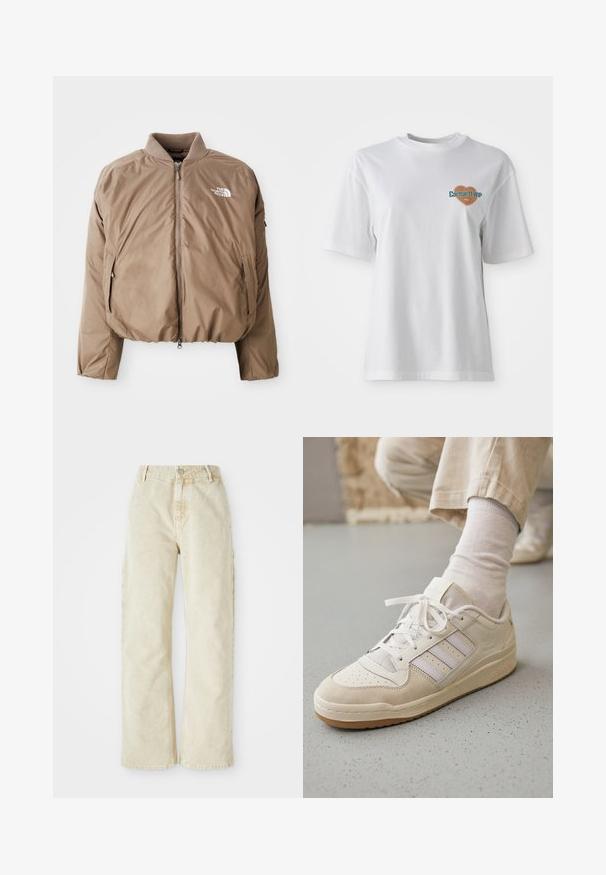 Brązowa izolowana kurtka bombowiec z prążkowanym kołnierzem, zamkiem błyskawicznym z przodu i bocznymi kieszeniami; posiada białe logo na lewej piersi.; Carhartt WIP - T-shirt z nadrukiem; Beżowe dżinsowe spodnie o szerokich nogawkach z wysokim stanem, z zapięciem na guziki i zamek z przodu, szlufkami na pasek oraz bocznymi kieszeniami. Miękka tekstura.; Białe sneakersy z cholewką z zamszu i skóry, perforowanym noskiem, trzema paskami w jasnoszarym kolorze, płaskimi sznurowadłami oraz teksturowaną podeszwą z gumy.