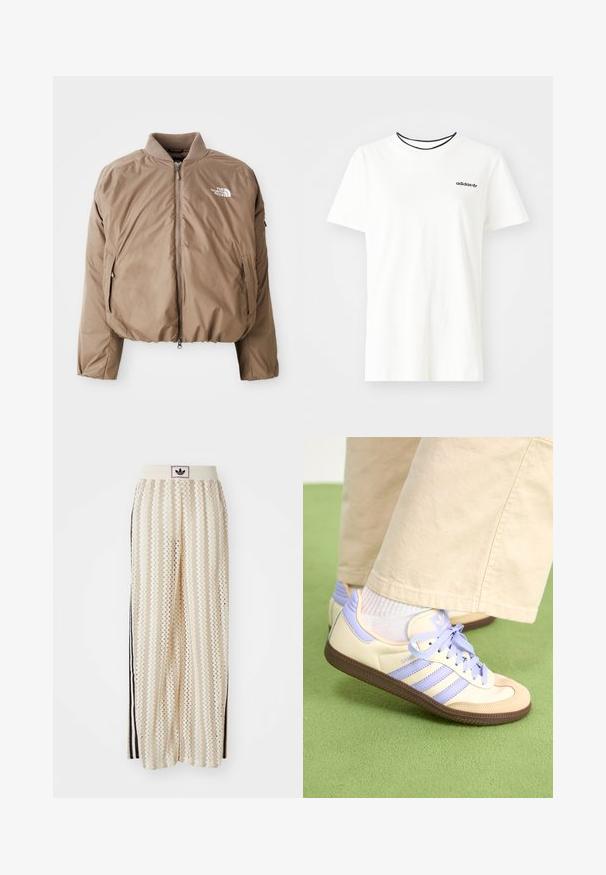 Brązowa izolowana kurtka bombowiec z prążkowanym kołnierzem, zamkiem błyskawicznym z przodu i bocznymi kieszeniami; posiada białe logo na lewej piersi.; Biała bawełniana koszulka z krótkim rękawem i okrągłym dekoltem. Ma czarne logo Adidas na piersi oraz kontrastowy czarny wewnętrzny kołnierzyk.; Kremowe szerokie spodnie w stylu palazzo z wzorem w zygzak, z czarnym paskiem z logo oraz bocznymi czarnymi paskami. Lekki, teksturowany materiał.; Kremowe i lawendowe trampki z trzema paskami oraz teksturowaną brązową podeszwą, wyposażone w sznurówki i wyścieloną piętę. Górna część z miękkiego materiału.
