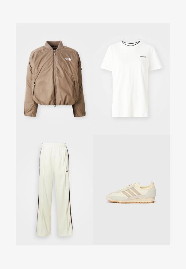 Brūns izolēts bomberjakas ar ribotu apkakli, priekšējo rāvējslēdzēju un sānu kabatām; augšpusē kreisajā krūtī ir balts logs.; Balta kokvilnas T-krekls ar īsām piedurknēm un apļveida kakla izgriezumu. Piedāvā melnu Adidas logotipu uz krūtīm un kontrastējošu melnu iekšējo apkakli.; Krēma krāsas sporta bikses ar brīvu piegriezumu, ar tumši brūnām sānu svītrām un izšūtu logotipu kreisajā augšstilbā.; Krēma krāsas sporta apavi ar trim beiga joslām, izgatavoti no zamša un tekstila materiāliem, ar fakturētu zoli un iegravētu zīmolu uz papēža.