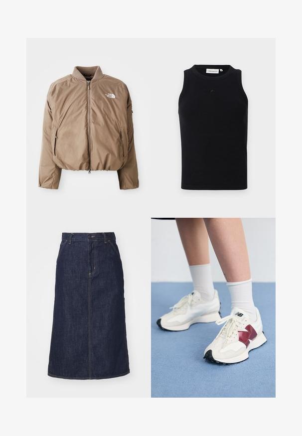 Bruine geïsoleerde bomberjack met een geribbelde kraag, voorkeursrits en zijzakken; heeft het logo in het wit op de linkerkant van de borst.; Zwarte mouwloze tanktop van ribstof, met een ronde halslijn en een klein logo aan de voorkant. Eenvoudig, nauwsluitend ontwerp.; Donkere spijkerrok met een hoge taille, recht gesneden, voorzakken en gestikte naden. Voorzien van een rits en knoopsluiting op de taille.; Een paar witte sneakers met bordeauxrode accenten, getextureerde panelen, een platte zwarte buitenzool en lichte veters, gedragen met witte enkelsokken.