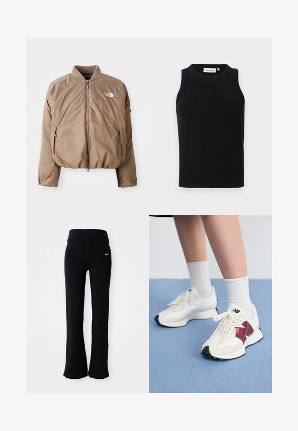 Brun isolert bomberjakke med ribbet krage, glidelås foran og sidelommer; har logoen i hvitt på venstre bryst.; Svart ermeløs tanktop laget av ribbestrikket stoff, med rund hals og en liten logo på fronten. Enkel, tettsittende design.; Sorte treningstights med bred linning, laget av et mykt, elastisk materiale. Har en liten, hvit Nike-logo på hoften.; Par med hvite joggesko med bordeaux detaljer, teksturerte paneler, flat svart yttersåle og lette snøringer, iført hvite ankelstrømper.