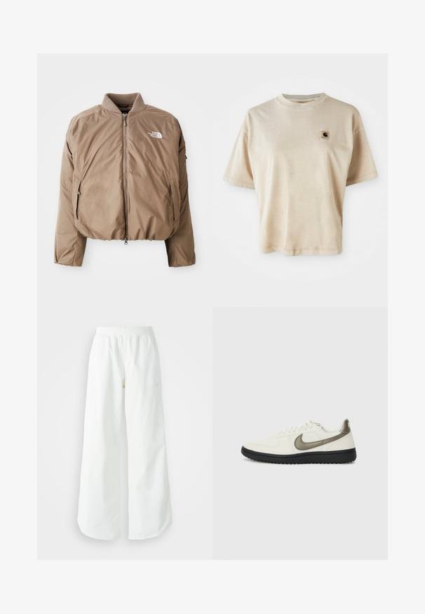 Ruda izoliuota bombonešio striukė su banguotu apykakle, priekyje su užtrauktuku ir šoninėmis kišenėmis; kairėje krūtinės pusėje yra balta logo.; Smėlinis medvilninis marškinėliai su laisvu siluetu, apvaliu iškirpimu, trumpomis rankovėmis ir mažą kvadratinį logotipą kairėje krūtinės pusėje.; Balti sportiniai keliai su platėjančiomis kojomis, su įtemptu juosmeniu ir subtilia logotipo detale. Lygus audinys, laisvas kirpimas ir siaurėjantis apatinis kraštas.; Nike Sportswear FIELD GENERAL - Sportbačiai - off-white/black