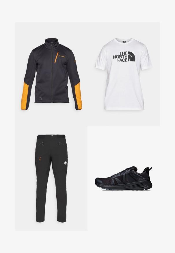 Svart jacka med orange ärmar och detaljer, hel dragkedja fram, hög krage och logotyp på bröstet. Tillverkad av flexibel, texturerad tyg.; Vitt bomullströja med svart grafisk tryck som har text och en rundad logotypdesign. Rund halsringning och korta ärmar. Enslig textur.; Svarta utomhusbyxor i ett flexibelt material, med böjda sömmar, flera fickor med dragkedja och en orange accentdetalj på dragkedjan.; Svarta trailrunning-skor med övre i mesh och syntetmaterial, strukturerad sula, förstärkt tåskydd och framträdande logotyp på sidan.