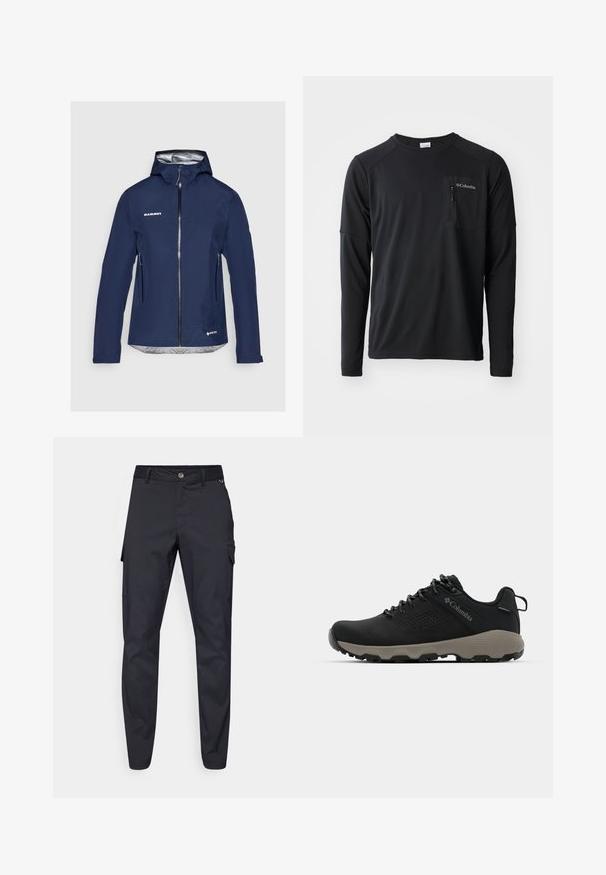 Giacca impermeabile blu navy con cappuccio, dotata di una fodera interna argento, zip frontale e tasche laterali. Dettagli riflettenti e logo.; Columbia COLUMBIA TECH™ LONG SLEEVE CREW - Maglietta a manica lunga - black; Pantaloni cargo navy in tessuto resistente, dotati di chiusura a bottone, cinque tasche e gambe affusolate con leggera trama.; Scarpa da trekking nera con tomaia liscia, design perforato, suola grigia e tallone rinforzato. Caratterizzata da lacci e un anello per una facile calzata.