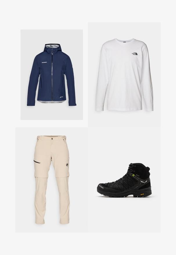 Granatowa, wodoodporna kurtka z kapturem, z cienką srebrną podszewką, przednim zamkiem błyskawicznym i bocznymi kieszeniami. Odbijające światło detale oraz logo.; Biała koszulka z długim rękawem wykonana z bawełny, z okrągłym dekoltem. Posiada małe czarne logo na piersi. Gładka faktura, regularny krój.; Mammut - Długie spodnie trekkingowe; Czarne buty trekkingowe z teksturowaną cholewką, wzmocnionym noskiem i podeszwą Vibram. System sznurowania zawiera haki dla zapewnienia pewnego dopasowania.
