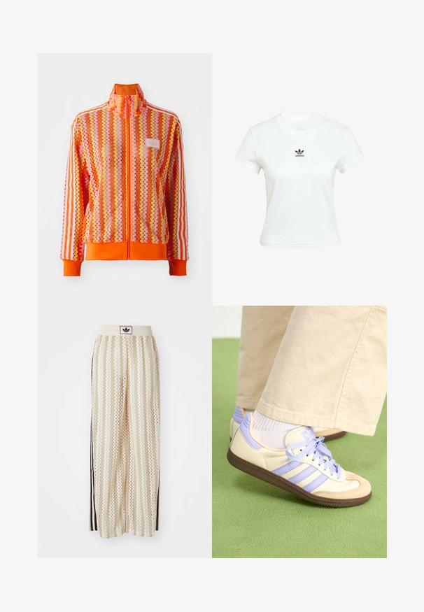 Jakna na zip s cik-cak uzorcima u narančastoj, ružičastoj i žutoj boji; sadrži bijele pruge na rukavima; ima visoki ovratnik i rebraste manžete.; Bjela pamučna majica kratkih rukava s okruglim izrezom. Ima crni Adidas logo otisnut na prsima. Jednostavan, minimalistički dizajn.; Pantalone širokog kroja krem boje s zigzag uzorkom, koji sadrži sivi pojas s crnim logotipom i bočne crne pruge. Lagani, teksturirani materijal.; Kremasto-ljubičaste tenisice s tri pruge i strukturiranim smeškim potplatom, s vezicama i podstavljenim petom. Mekana gornja tkanina.