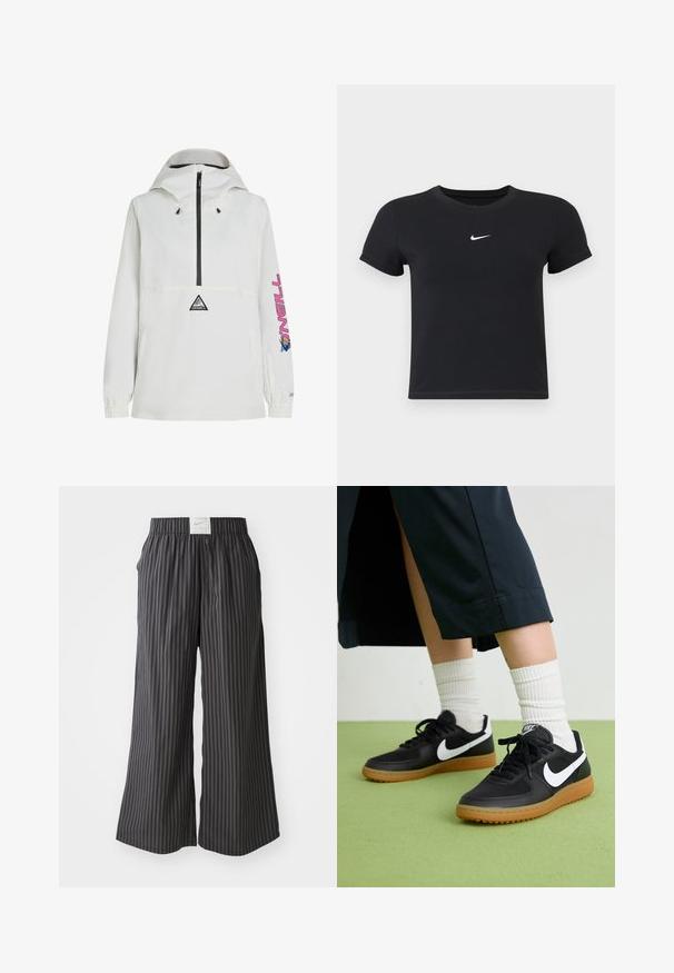 Giacca anorak bianca con zip nera, cappuccio regolabile, polsini elasticizzati e un design grafico rosa sulla manica. Presenta un logo sul davanti.; T-shirt nera a maniche corte in cotone con scollatura rotonda. Presenta un logo Nike bianco sul petto, un design minimalista e una forma aderente.; Pantaloni larghi a righe nere e grigie con vita elastica e etichetta con il logo Nike sul retro. Tessuto leggero, design svasato.; Sneaker in pelle nera e sintetica con logo Nike bianco, suola in gomma, punta rotonda e lacci neri. Calze bianche a righe visibili.