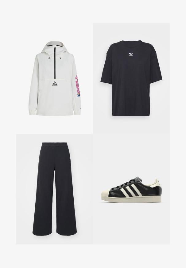 Casaco anorak branco com um fecho de correr preto, capuz ajustável, punhos elásticos e um design gráfico rosa na manga. Apresenta um logótipo à frente.; T-shirt de algodão preto com mangas curtas, decote arredondado, apresenta um logótipo branco da Adidas no peito. Design simples, ajuste descontraído.; Calças de fato largas, pretas, feitas de tecido macio, com uma cintura elástica e um pequeno logótipo do lado esquerdo.; Sapatilha de couro preto com riscas brancas, biqueira de borracha, atacadores pretos e sola na cor creme. Textura suave com acabamento brilhante.