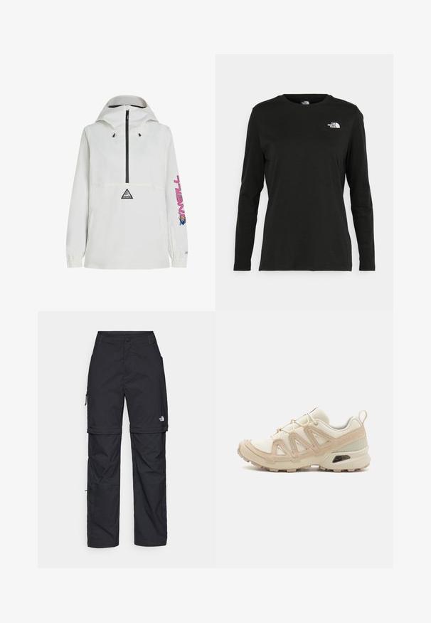 Veste anorak blanche avec une fermeture éclair noire, capuche ajustable, poignets élastiques et un design graphique rose sur la manche. Présente un logo sur le devant.; T-shirt noir à manches longues en coton avec un col rond. Présente un petit logo blanc sur la partie gauche de la poitrine. Design et coupe simples.; Pantalons cargo en nylon noir, à zip amovible, avec chevilles ajustables, plusieurs poches et un logo sur la jambe droite. Texture lisse et légère.; Baskets de sport beiges et crème avec une tige en mesh texturé, des superpositions de soutien et une semelle en caoutchouc dotée d'un motif de crampons pour une traction.