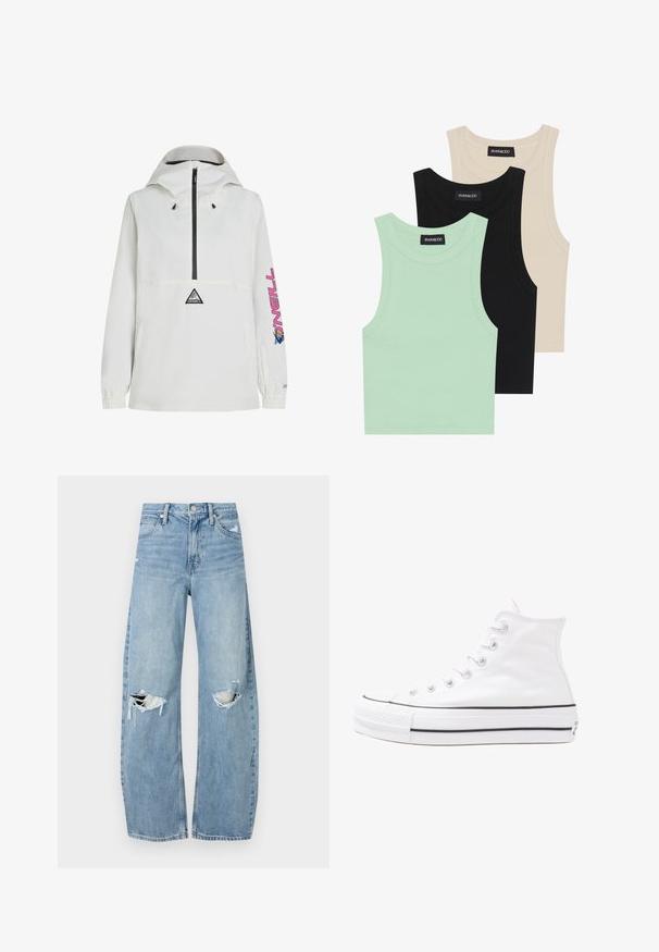 Witte anorak jas met een zwarte rits, verstelbare capuchon, elastische manchetten en een roze grafisch ontwerp op de mouw. Bevat een logo op de voorkant.; Drie tanktops in mintgroen, zwart en beige; gemaakt van ribbelstof met een ronde halslijn en zonder mouwen. Merkenlabel zichtbaar.; Lichtblauwe, hooggeritste jeans van denim. Beschikken over wijde pijpen, twee gescheurde knievalken en klassieke vijfzakken styling.; Witte high-top canvas sneakers met een zwarte rubberen zool, een rubberen neuskap aan de voorkant en zes gaatjes voor veters, met een schone, minimalistische uitstraling.