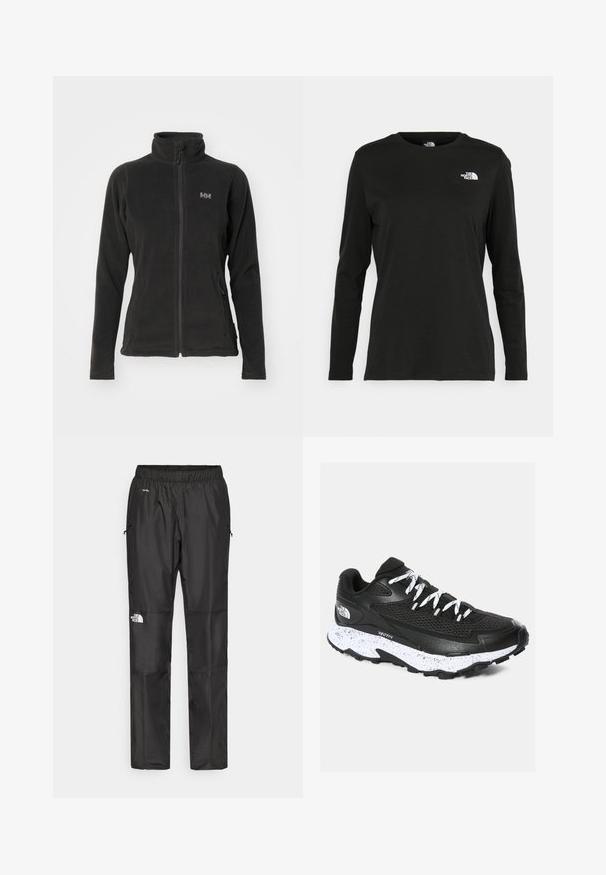 Helly Hansen DAYBREAKER FULL ZIP - Fleecová bunda - black; Černé tričko s dlouhým rukávem vyrobené z bavlny s kulatým výstřihem. Na levé části hrudi se nachází malé bílé logo. Jednoduchý design a střih.; Černé voděodolné kalhoty vyrobené z lehkého materiálu, mají elastický pas, boční kapsy a logo na levé noze.; Černá sportovní bota s síťovaným svrškem a texturovaným designem. Má bílý skvrnitý střední díl, silnou černou podrážku a reflexní tkaničky.