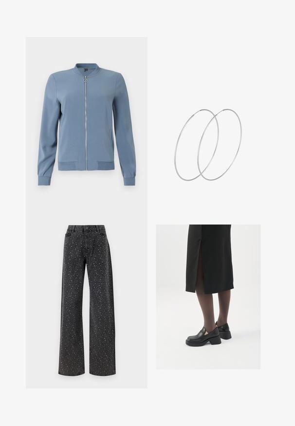 Sinine pommitaja jope, mis on valmistatud siledast kangast, millel on esine lukk, küljetaskud, ribakudumiga mansetid ja ümar kaelus.; JDY JDYTWINKLE XMAS O NECK PULLOVER - Džemper - medium grey melange; Noisy May NMJANNEL LOOSE - Avar lõikega teksad - black denim; Mustad mustad jalatsid ümmarguse varbaga, paksu plokkniidi ja elastsete külgdetailidega, kombineeritud tumedate sukkade ja musta lõhikuga seelikuga.; Hõbedased rõngastikkaehingad minimalistlikus disainis. Ümar kuju, sile tekstuur ja õhuke profiil. Kerged ning poleeritud viimistlusega.