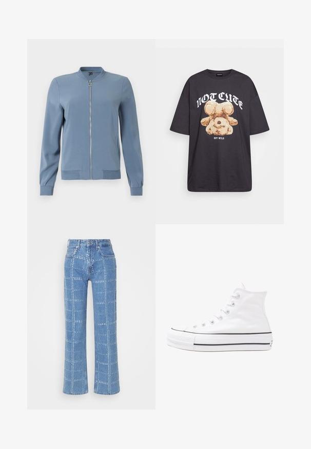 Zils bomberjakas, kas izgatavots no gludas auduma, ar priekšējo rāvējslēdzēju, sānu kabatām, ribotām piedurknēm un apaļo apkakli.; Melna, pārmērīga t-kreklu, kurā attēlots lācis ar uzrakstu "NAV MIERĪGS, BET VILKIS" treknos baltos burtiem. Izgatavots no kokvilnas materiāla.; Gai zilo denimu bikses ar taisnu kāju griezumu, ar sudraba kniedēm izveidotu režģa rakstu un klasisku piecu kabatu dizainu.; Balti augstie kanvas sporta apavi ar melnu gumijas zoli, priekšējo gumijas purngalu un sešām acīm lencēm, kuriem ir tīrs, minimālistisks dizains.