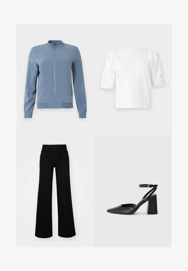 Blue bomber jacket made of smooth fabric, featuring a front zipper, side pockets, ribbed cuffs, and a round neckline.; White cotton t-shirt with short puff sleeves, featuring small silver embellishments along the sleeves. Classic round neckline, relaxed fit.; Black wide-leg pants made of denim, featuring a structured waistband, belt loops, and front pockets. Smooth texture with a classic design.; Black leather pointy-toe pump with an ankle strap and a chunky heel. Flat texture, sleek design, and minimalistic aesthetics.