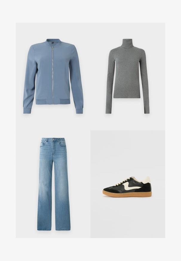 Blaues Bomberjackett aus glattem Material, mit einem Frontreißverschluss, seitlichen Taschen, gerippten Bündchen und Rundhalsausschnitt.; Grauer Rollkragenpullover aus glattem, dehnbarem Stoff. Lange Ärmel, figurbetontes Design, minimale Textur, ohne sichtbare Muster oder Beschläge.; Helleblaue hochtaillierte Jeans mit geradem Bein. Aus Denim gefertigt, mit fünf Taschen und einem Knopfverschluss.; Schwarze Wildleder- und Leder-Sneaker mit einem cremefarbenen Seiten-Swoosh und einer hellcremefarbenen Ferse. Ausgestattet mit beige Schnürsenkeln und einer Gummilaufsohle.