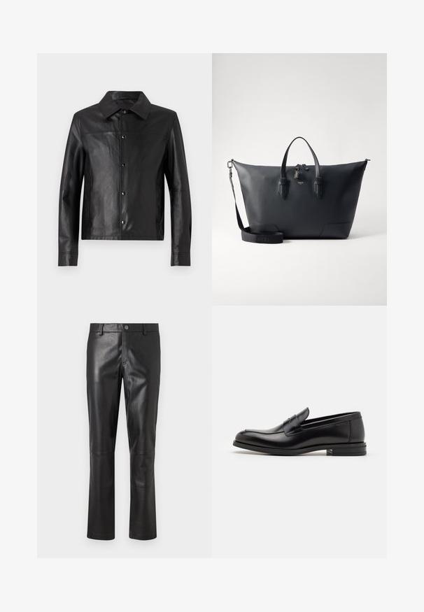 Black leather jacket with a collar, front snap buttons, and long sleeves. Smooth texture, minimalistic design, and tailored fit.; White long-sleeve thermal top with a ribbed texture, crew neck, and banded cuffs. Clean design with no patterns or additional accents.; Black leather pants with a smooth texture, straight-leg design, and subtle stitching along the seams. Features a button closure at the waist.; Black leather loafers with a smooth texture, rounded toe, and a decorative strap across the vamp. Low stacked heel, minimalist design.; Lancel CHARLIE UNISEX - Briefcase - black