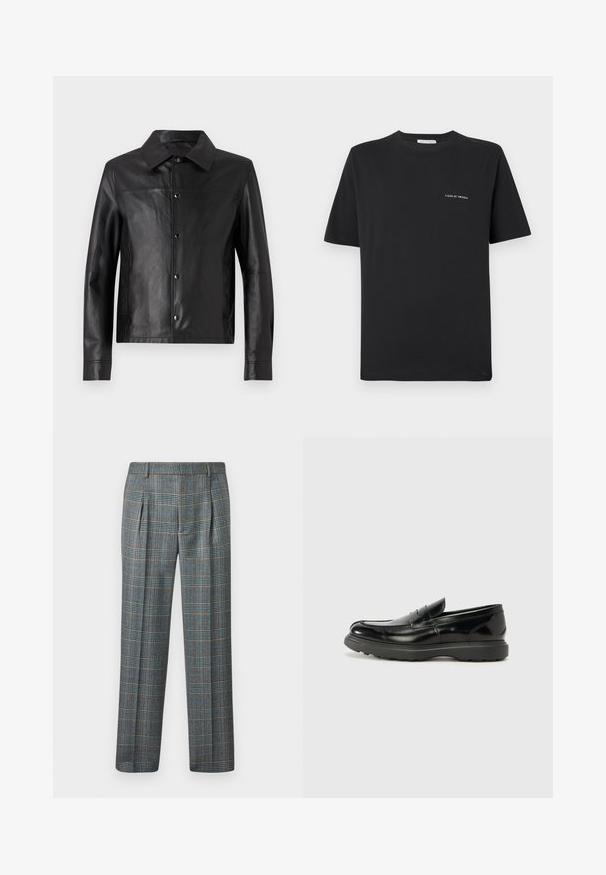 Melnas ādas jaka ar apkakli, priekšējiem spiedpogu slēdžiem un garām piedurknēm. Gluda tekstūra, minimālisma dizains un pielāgota piegriezuma forma.; Melna kokvilnas T-kreklu ar apaļu kakla izgriezumu, īsām piedurknēm un mazu balto "TIGER OF SWEDEN" logotipu uz krūtīm. Klasiskā piegriezuma.; Pelēkas svītrainas bikses ar ziliem un oranžiem rakstiem, pleitēta priekšpuse, taisnas kājas piestiprinājums, izgatavotas no teksturēta auduma, jostasvieta ar jostu cilpām.; Melnas ādas loafers ar spīdīgu apdari, noapaļota pirksta forma, smalkas šuvju detaļas un bieza gumijas zole ilgstošai lietošanai.