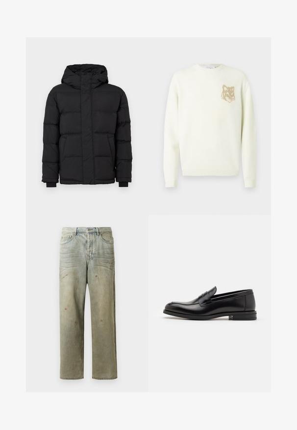 Black puffer jacket with a hood, featuring a quilted design, elastic cuffs, and two front pockets. Smooth texture and warm insulation.; Cream crewneck sweater with long sleeves and small beige fox head graphic on the left chest, ribbed cuffs and hem.; Distressed denim jeans in light green, featuring a straight leg, five-pocket design, and uneven fading with paint splatters.; Black leather loafers with a smooth texture, rounded toe, and a decorative strap across the vamp. Low stacked heel, minimalist design.
