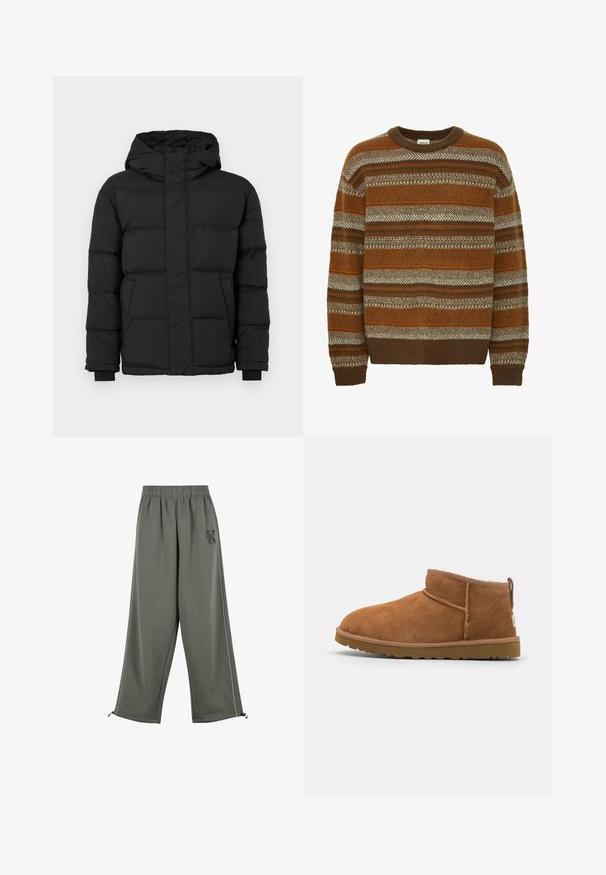 Zwarte pufferjas met capuchon, voorzien van een gewatteerd ontwerp, elastische manchetten en twee voorkruiken. Gladde textuur en warme isolatie.; Solid SDMAXWELL - Trui - slate black; Karl Kani KK OS SIDESTRIPE - Broek - grey; Tan suède enkellaars met een ronde neus, subtiele stiksels en een gestructureerde rubberen zool. Korte hoogte zonder veters.