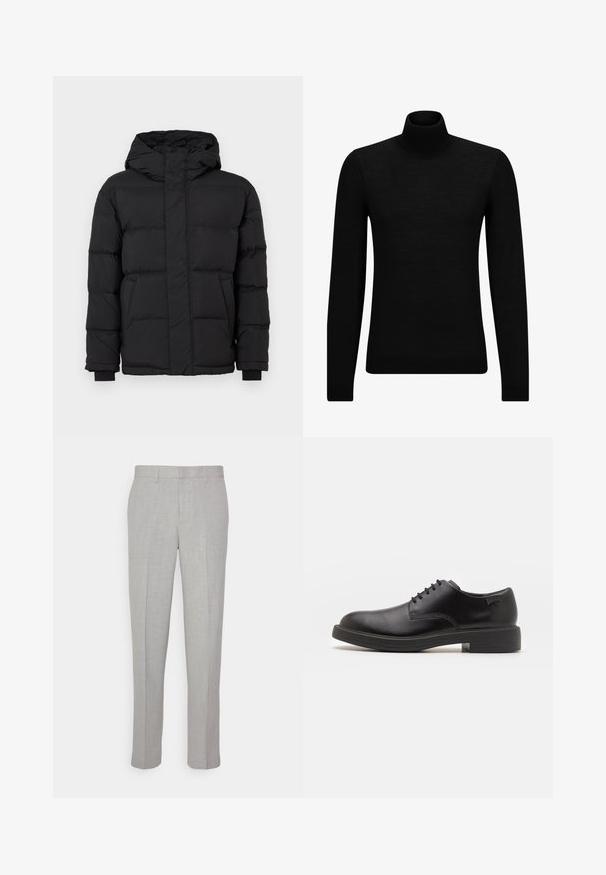 Black puffer jacket with a hood, featuring a quilted design, elastic cuffs, and two front pockets. Smooth texture and warm insulation.; Black turtleneck sweater made of soft material, featuring long sleeves and a snug fit. Ribbed trim at the hem and cuffs. Simple design.; Light gray trousers with a smooth texture, flat front, and straight legs. Made of breathable fabric, featuring internal pockets and belt loops.; Black leather lace-up shoe with a rounded toe, smooth texture, minimal stitching, and a low rubber heel. Logo on the heel.