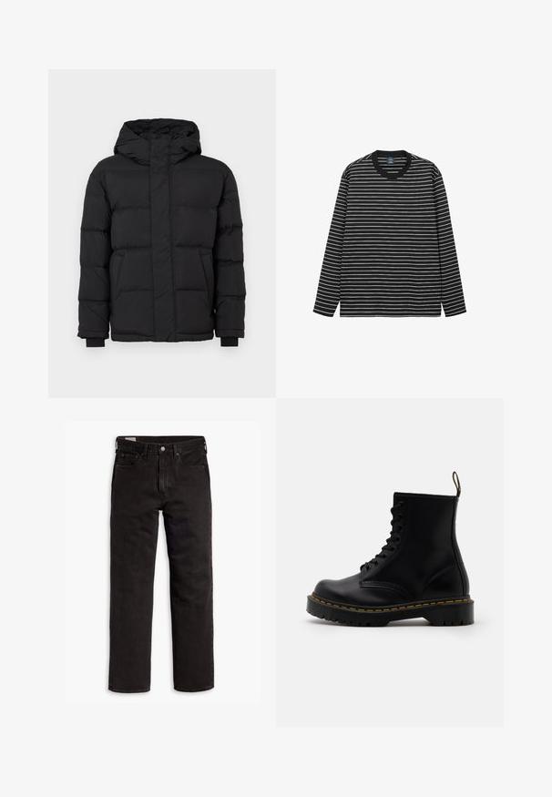 Giacca a vento nera con cappuccio, caratterizzata da un design trapuntato, polsini elasticizzati e due tasche frontali. Texture liscia e isolamento caldo.; T-shirt a maniche lunghe a righe bianche e nere realizzato in morbido cotone. Presenta un collo rotondo e un colletto a costine nere in contrasto.; Jeans in denim neri a gamba dritta con cinque tasche, chiusura a bottone e passanti per cintura, adagiati su uno sfondo bianco.; Stivaletti alla caviglia in pelle nera con lacci anteriori, cuciture gialle, punta rotonda e suola in gomma spessa e testurizzata.