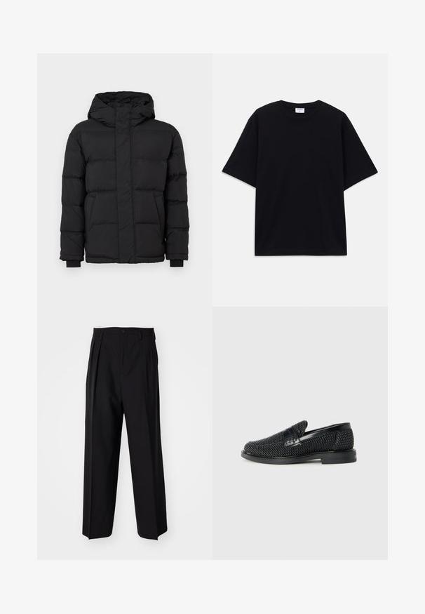 Doudoune noire à capuche, avec un design matelassé, des poignets élastiques et deux poches avant. Texture lisse et isolation chaude.; T-shirt noir à manches courtes oversize avec un col rond et une étiquette de marque Filippa K visible à l'intérieur du col.; Pantalons plissés noirs avec un design droit et large. Fabriqués en tissu lisse, avec une fermeture à bouton et des passants de ceinture.; Chaussure slip-on tissée noire avec un accent en cuir lisse sur le dessus, un design à bout rond et une semelle en caoutchouc à profil bas.