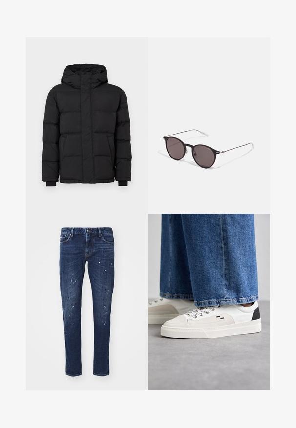 Doudoune noire à capuche, avec un design matelassé, des poignets élastiques et deux poches avant. Texture lisse et isolation chaude.; T-shirt en coton noir avec un col rond, des manches courtes et le logo "EMPORIO ARMANI" en blanc au-dessus de "Milano" dans un design incurvé.; Jean en denim bleu foncé avec une coupe slim, ornés de éclaboussures de peinture, de coutures visibles et d'un design standard à cinq poches. Coupe jambe droite.; Baskets blanches et noires avec une tige en cuir lisse, des accents texturés et une semelle épaisse blanche. Présentent un design classique à lacets.; Lunettes de soleil noires rondes avec verres sombres et branches en métal fines. Comprend des embouts transparents et des accents argentés au niveau de la charnière. Design minimaliste.