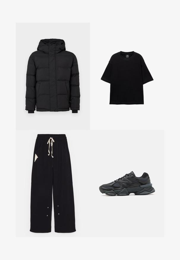 Zwarte pufferjas met capuchon, voorzien van een gewatteerd ontwerp, elastische manchetten en twee voorkruiken. Gladde textuur en warme isolatie.; Zwarte T-shirt met korte mouwen, gemaakt van katoen, met een ronde halslijn en een ontspannen pasvorm. Gladde textuur met minimale stikdetails.; Zwarte wijde broek van zachte stof met een trekkoord in de taille, zijzakken en een driehoekige accentzak. Inclusief zilveren hardwaredetails.; Zwarte hardloopschoen met een mix van mesh en synthetische materialen, een stevige zool, gebogen ontwerp en prominente branding op de zijkant.