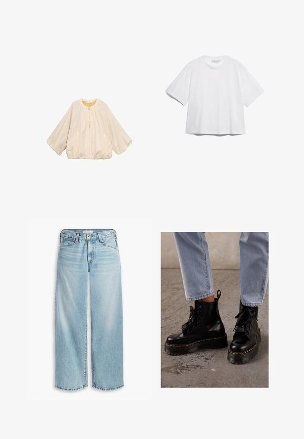 Mango Poletna jakna - off-white; Bela bombažna majica s kratkimi rokavi, okroglega izreza, sproščenega kroja, brez vidnih vzorcev ali grafike. Gladka tekstura in preprosta zasnova.; Svijetloplave široke traperice od denima, s visokim strukom, dugmadi i poderanim rubovima. Vidljive šavove i džepove.; Črne usnjene gležnjarje z debelim podplatom, okroglo špico, trakom za vezanje, rumenim šivom in zanka na zadnji strani.