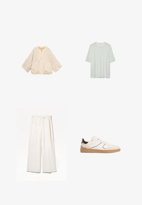 Mango Let jakke / Sommerjakker - off-white; Hvid kortærmet t-shirt, rund halsudskæring, blød bomuldsblanding, afslappet pasform, sømløs kant, minimalistisk design uden udsmykninger.; Hvide brede bukser lavet af letvægtsstof, med elastisk talje, snøre og sidelommer uden synlige mønstre.; Stradivarius Sneakers - white