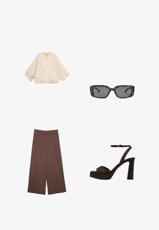 Mango Giacca leggera - off-white; Maglietta a maniche corte marrone realizzata in tessuto morbido, con scollatura rotonda e vestibilità rilassata. Nessun motivo o dettaglio visibile.; Pantaloni ampi marroni con una texture liscia, caratterizzati da una vita alta e pieghe frontali. Il tessuto è leggero e scorre liberamente.; Sandal in camoscio marrone con tacco alto, punta aperta, cinturino alla caviglia regolabile e suola a piattaforma striata.; Occhiali da sole tartaruga con lenti rettangolari, montatura spessa e lenti scure. Texture liscia e design minimalista.