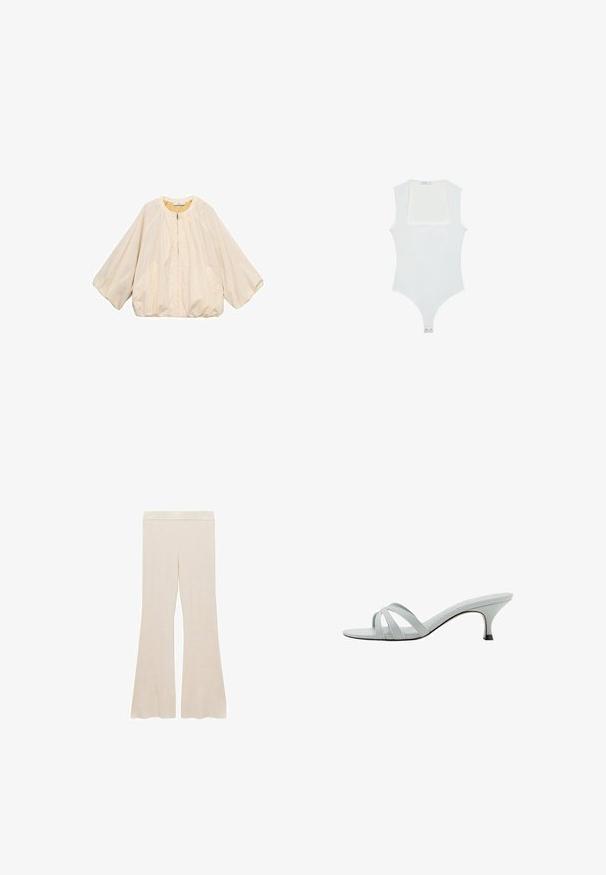 Mango Kevyt takki - off-white; Valkoinen haalari, jossa on neliönmuotoinen pääntie, hihaton muotoilu, sileä pinta ja neppari alhaalla. Yksinkertainen ja minimalistinen tyyli.; Kermanau ribatturilah kutub lebar yang menampilkan pinggang yang halus dan permukaan yang bertekstur, dirancang untuk mendapatkan kesesuaian yang nyaman.; Vaaleanharmaat korkokengät, joissa on kolme ristikkäistä hihnaa, hoikka profiili ja kapeat korot. Sujuva pinta, jossa on hieman kiiltävä viimeistely.