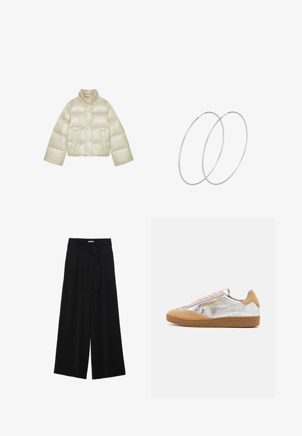 Iscareni pufasti kaput u svijetloj krem boji. Ima visoki ovratnik, kutijasti dizajn i kvadratastu teksturu s prednjim kopčanjem na dugmad.; Svijetloružasti pleteni pulover s okruglim izrezom, raglan rukavima i rebrastim manžetama. Tekstura je mekana, s opuštenim krojem i minimalnim detaljima.; Crne široke hlače od teksturirane tkanine, s elastičnom pojasom i odvojivim remenom na struku za prilagodivo pristajanje.; Srebrno-tanružasti nubuk tenisice s teksturiranom gumenom potplatom, bež vezicama i logotipom otisnutim u žutoj boji sa strane.; Srebrne okrugle naušnice s minimalističkim dizajnom. Kružni oblik, glatka tekstura i tanak profil. Lagane s poliranim završetkom.